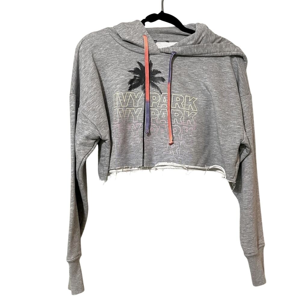 Ivy Park Grey Cropped Logo Front Hoodie Sweatshirt Womens XXS Athletic Casual